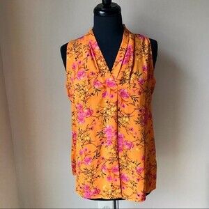 VIOLET + CLAIRE Shirt Orange Floral Top V-neck Sleeveless Blouse Pullover